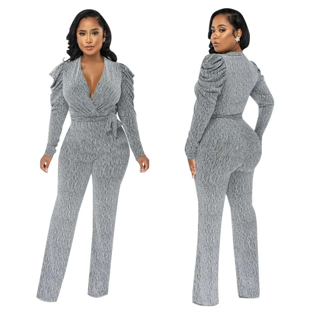 Lexi Ruched Long Sleeve Surplice Knit Jumpsuit women jumpsuits Castello Clothing Line