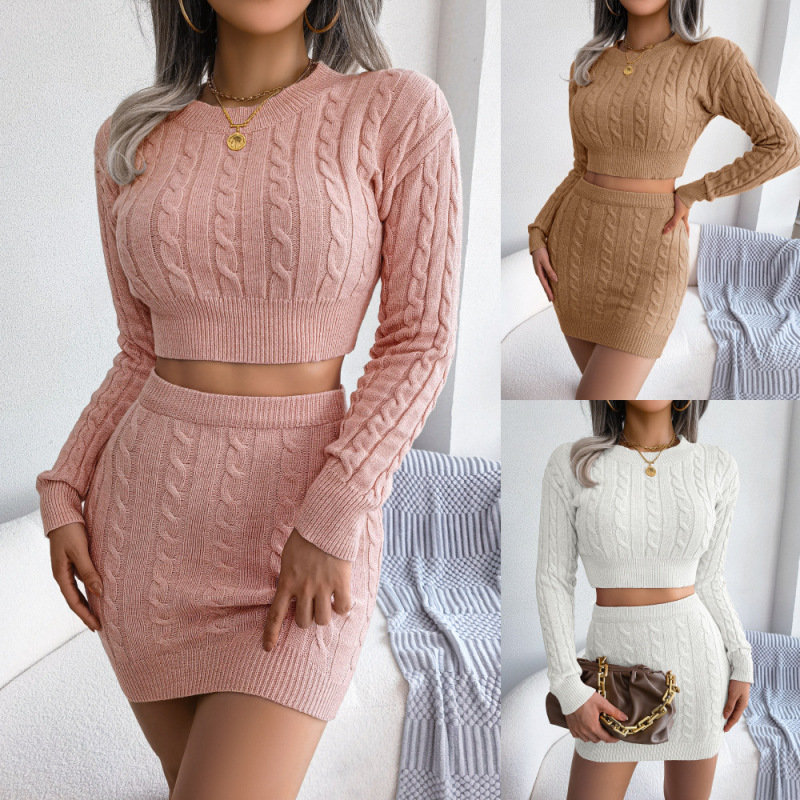 Knitted Long Sleeve Crop Sweater & Mini Skirt Set  Castello Clothing Line   