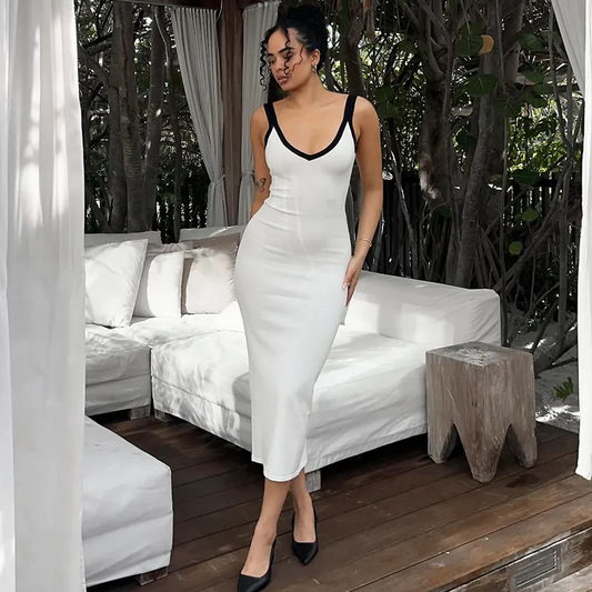 Bryn Contrast Trim V-Neck Sleeveless Bodycon Midi Dress midi dress Castello Clothing Line