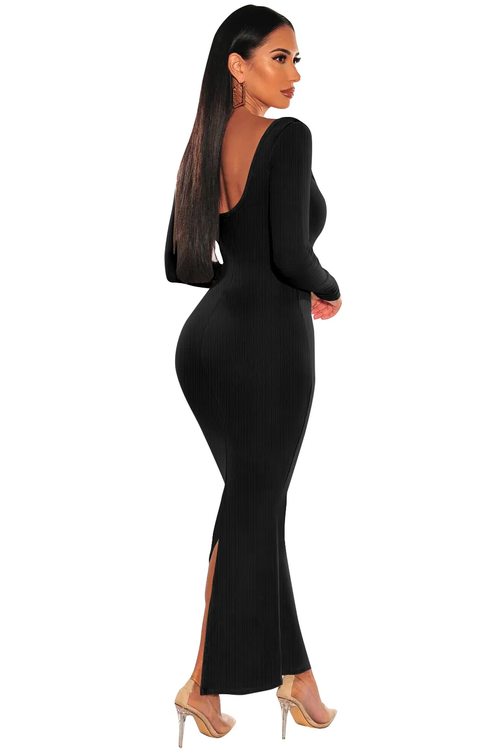Nerina Ribbed Scoop Back Long Sleeve Bodycon Maxi Dress maxi dress Castello Clothing Line