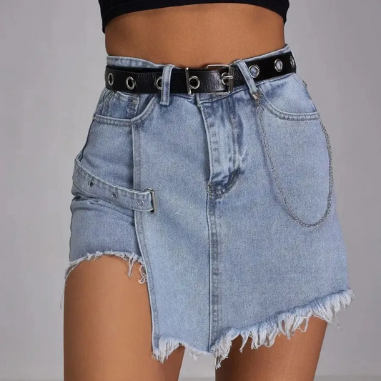 Fury High-Waist Belted Frayed Denim Skort  Castello Clothing Line   