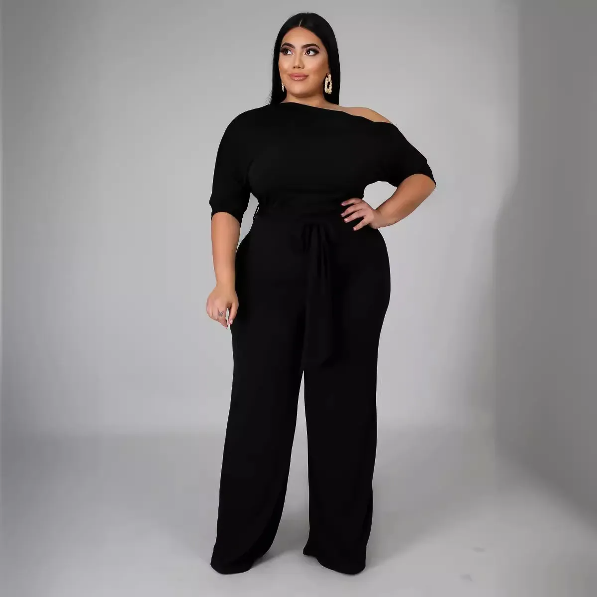Abigail Plus Size Off-Shoulder Belted Wide-Leg Jumpsuit women jumpsuits Castello Clothing Line