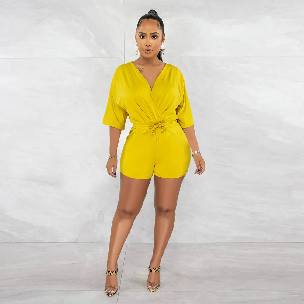 Glow Wrap V-Neck Short Sleeve Romper  Castello Clothing Line   