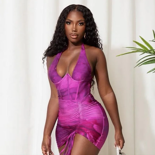 Lana Halter Ruched Marble Print Mini Bodycon Dress Castello Clothing Line