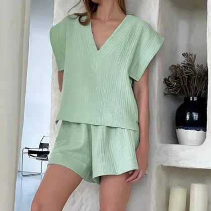 Lilac Breeze Textured V-Neck Top & Relaxed Lounge Shorts Set  Castello Clothing Line   