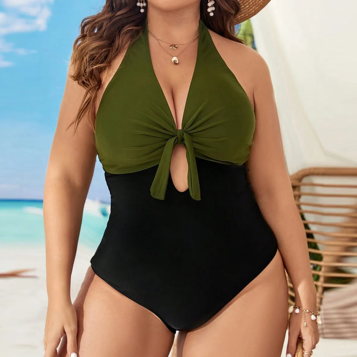 Eulalia Halter Tie Front Colorblock One-Piece Swimsuit one piece swimsuit Castello Clothing Line