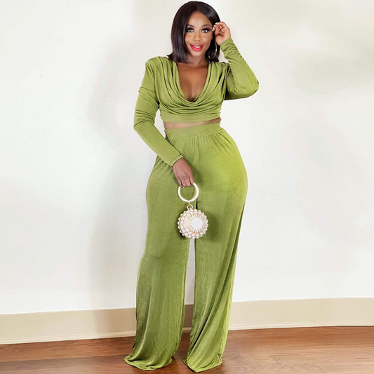 Cowl Neck Lace-Up Back Crop Top & High-Waist Wide-Leg Pants Set  Castello Clothing Line   