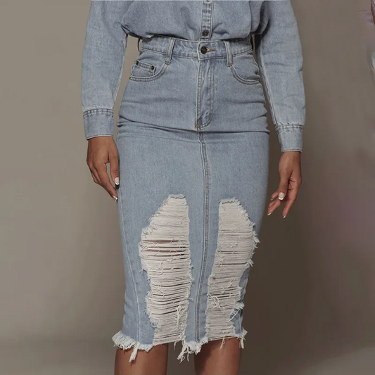 Torn to Perfection Distressed Denim Midi Skirt  Castello Clothing Line   