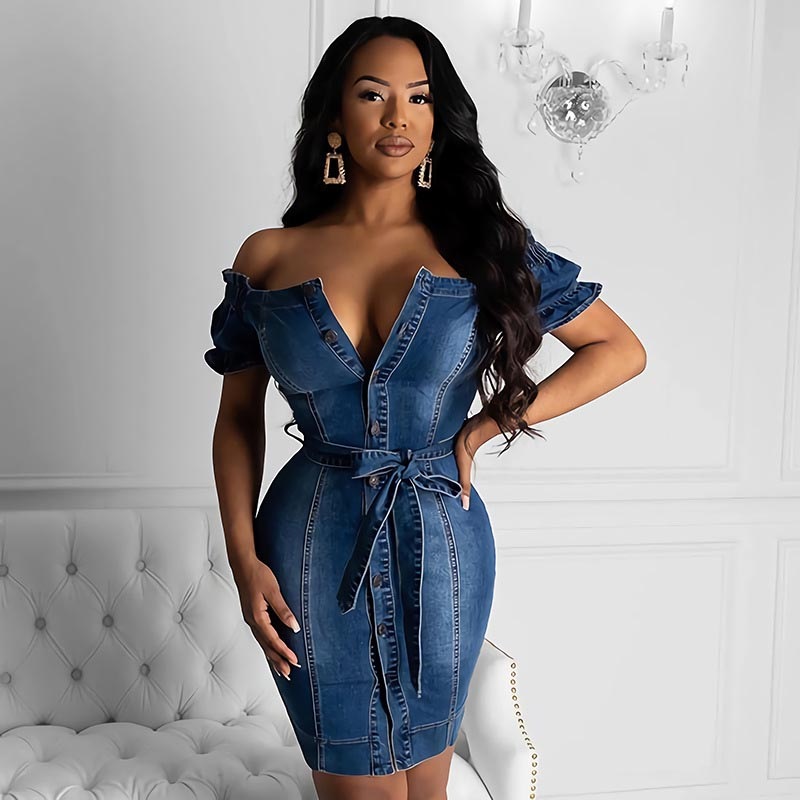 Esme Off-Shoulder Belted Button-Down Denim Bodycon Dress Castello Clothing Line