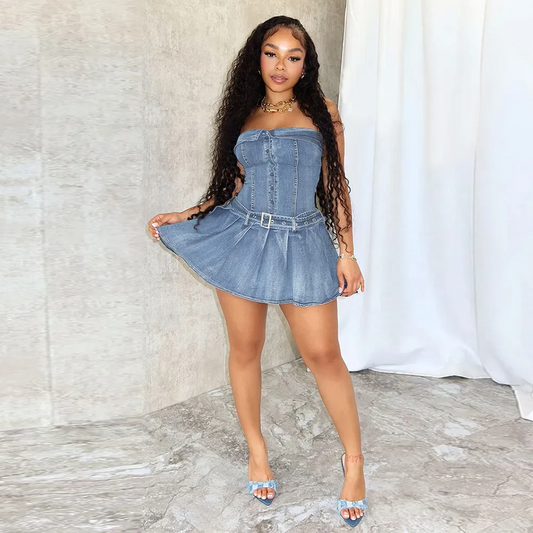 Adriana Strapless Corset Flared Denim Mini Dress Castello Clothing Line