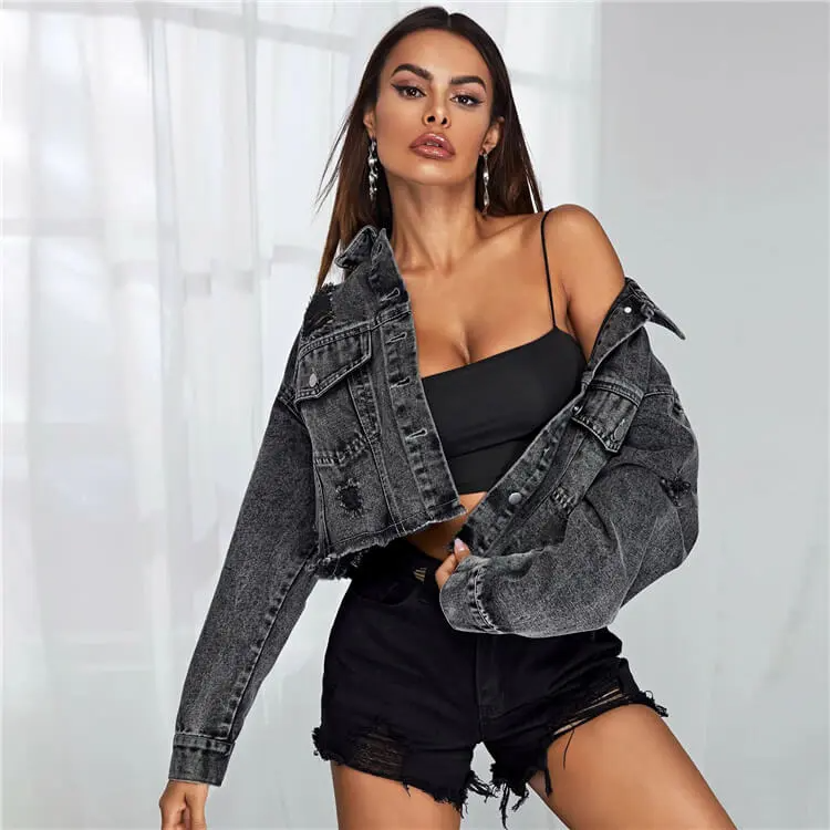 Rapture Distressed Cropped Button-Up Denim Jacket Castello Clothing Line