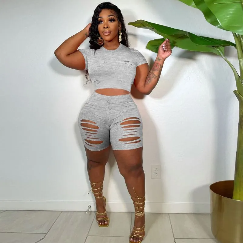 Savvy Cutout Short Sleeve Top & Ripped Biker Shorts Set  Castello Clothing Line   