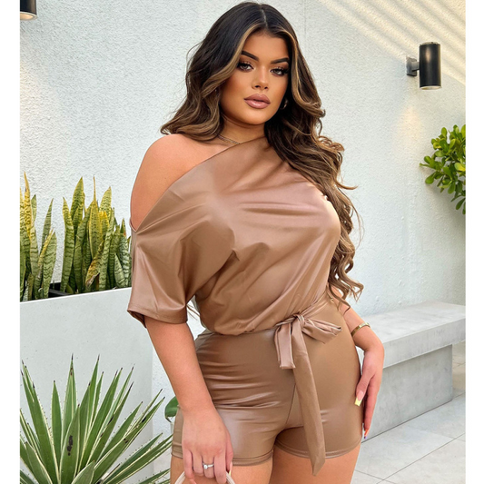 Sultry Sway Leather Off-Shoulder Belted Romper  Castello Clothing Line   