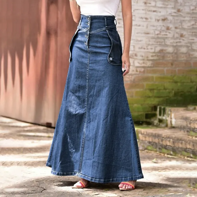 Buttoned Belle Flared Denim Maxi Skirt  Castello Clothing Line   