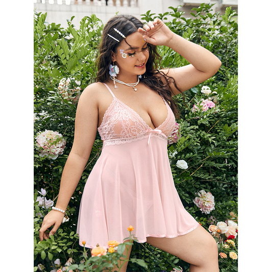 Plus Size Lace Mesh Nightie with V-Neck, Adjustable Straps, and Cut Out Back Tie  Castello Clothing Line   