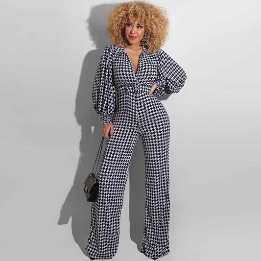 Zoey Long Sleeve Houndstooth Plunge Wide-Leg Jumpsuit women jumpsuits Castello Clothing Line