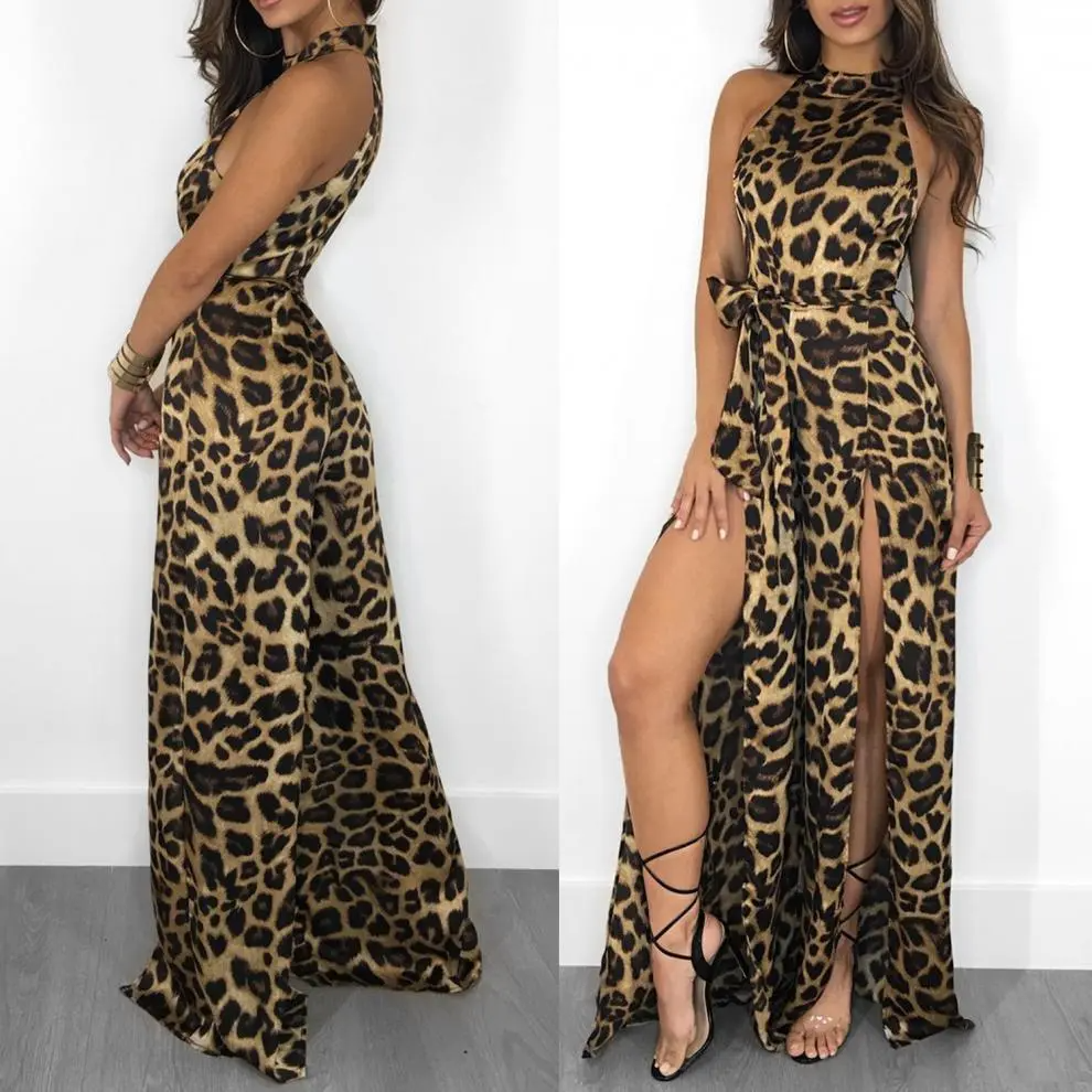 Kennedy Sleeveless Leopard Print High Neck Split Leg Jumpsuit women jumpsuits Castello Clothing Line