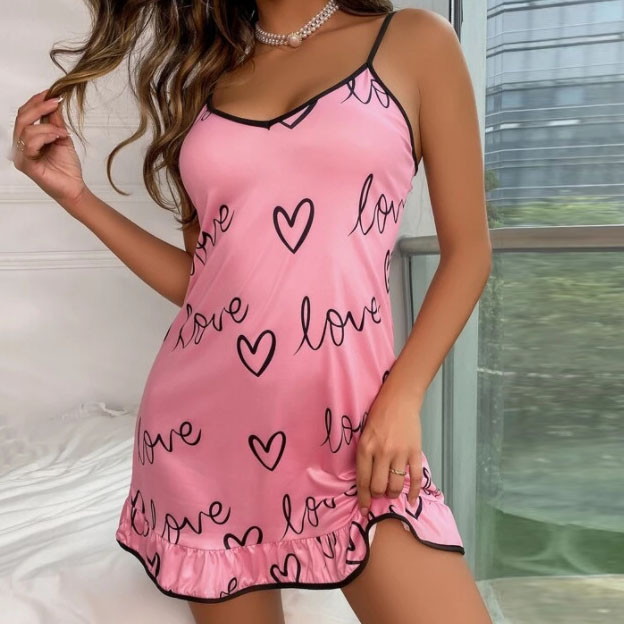 Heart Print Ruffle Nightie  Castello Clothing Line   