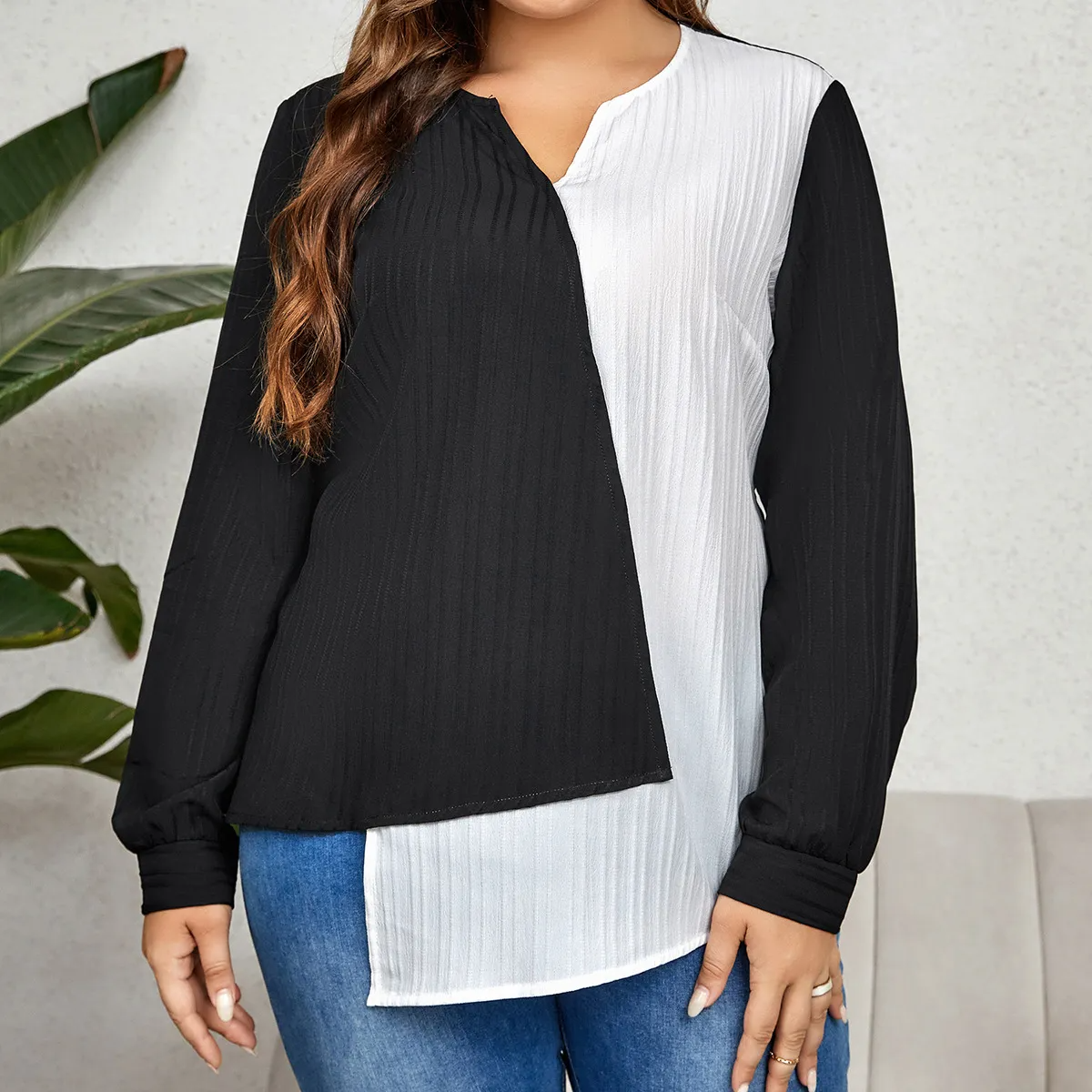 Bold Divide Asymmetrical Long Sleeve Plus Size Blouse Castello Clothing Line
