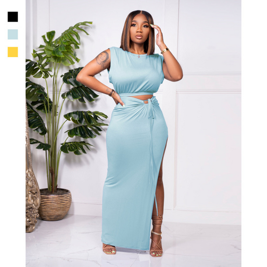 Cropped Blouse and Long Side Slit Skirt Set - Sleeveless Round Neck Dress with Drawstring Skirt and High Slit - Polyester/Spandex/Milk Fiber  Castello Clothing Line   