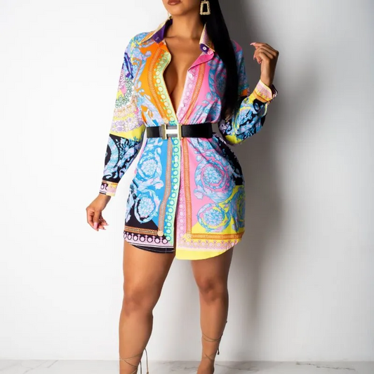 Vivienne Belted Long Sleeve Printed Mini Shirt Dress mini dress Castello Clothing Line