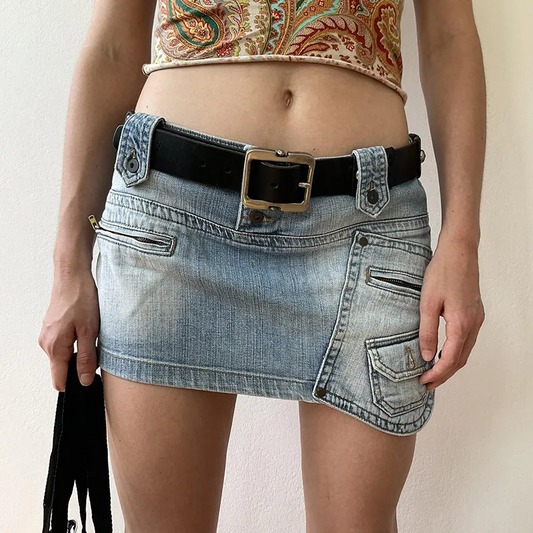 Buckle Up Asymmetrical Denim Mini Skirt  Castello Clothing Line   