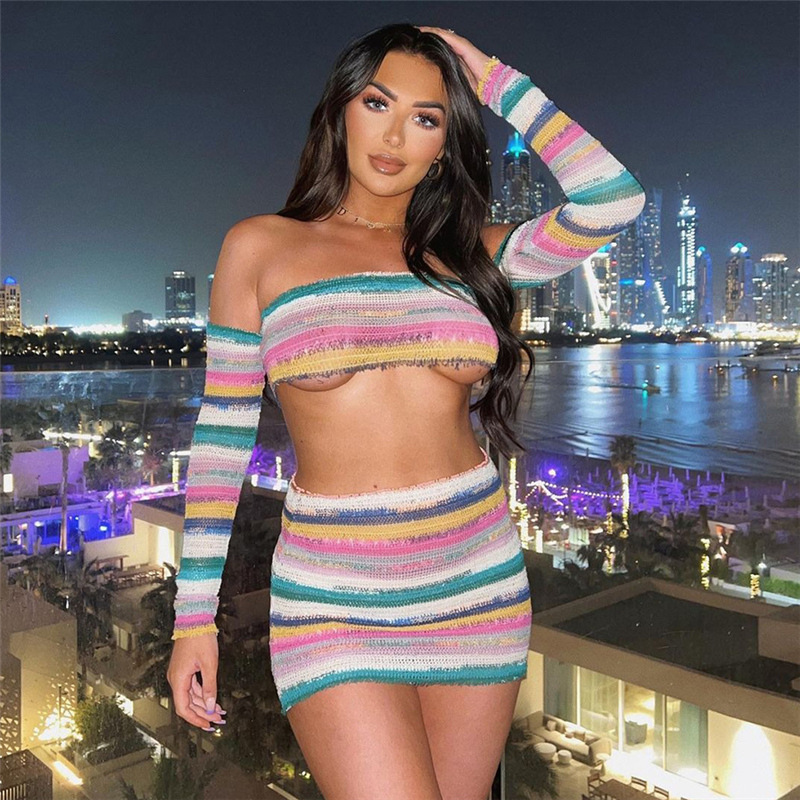 Knitted Off Shoulder Crop Top & Mini Skirt Set - Color Blocking, Long Sleeves - Polyester/Spandex  Castello Clothing Line   