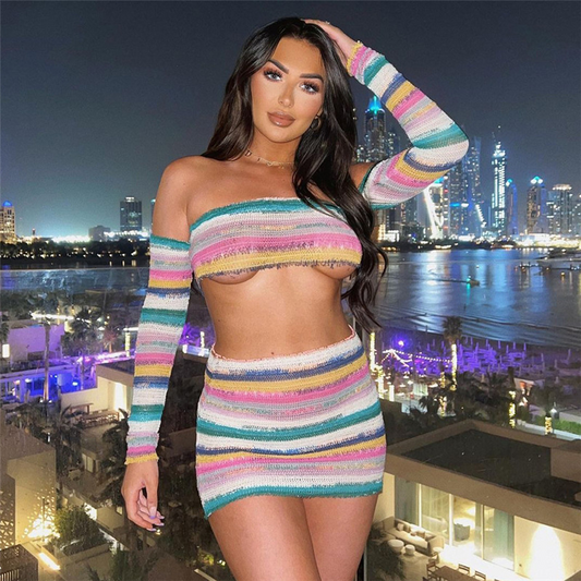 Knitted Off Shoulder Crop Top & Mini Skirt Set - Color Blocking, Long Sleeves - Polyester/Spandex  Castello Clothing Line   