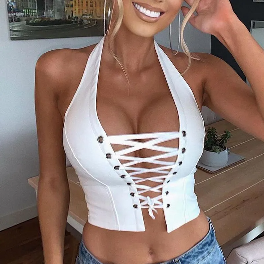Crisscross Charm Sleeveless Crop Top  Castello Clothing Line   