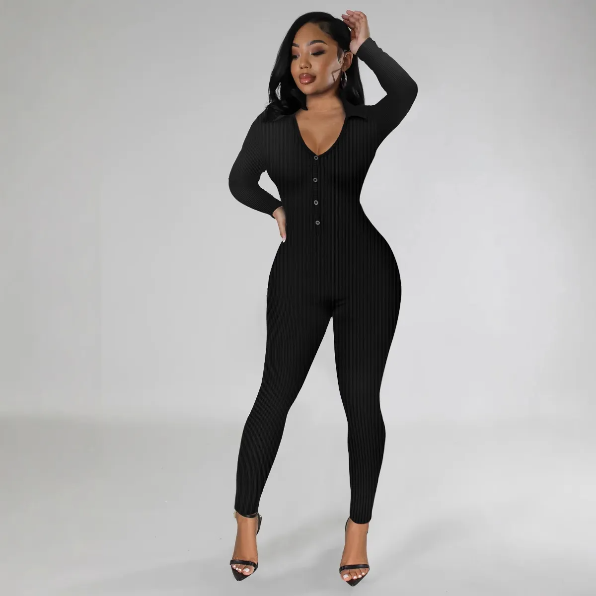 Addison Long Sleeve Ribbed Henley Bodycon Jumpsuit women jumpsuits Castello Clothing Line