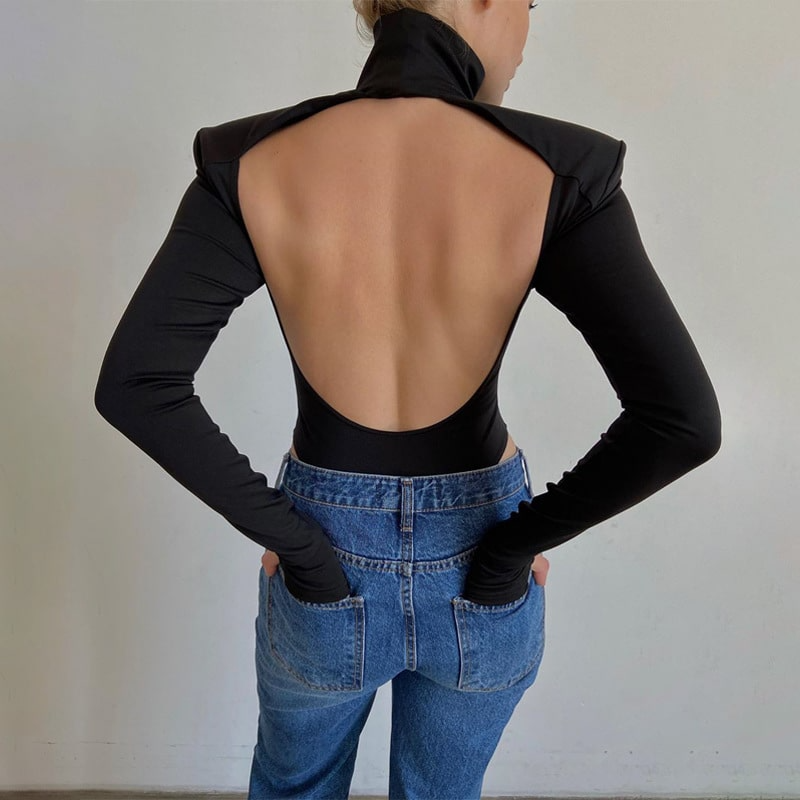 Bold Elegance High Neck Open Back Bodysuit  Castello Clothing Line   