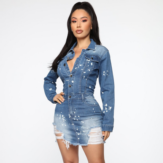 Gia Distressed Button-Up Long Sleeve Denim Mini Dress Castello Clothing Line