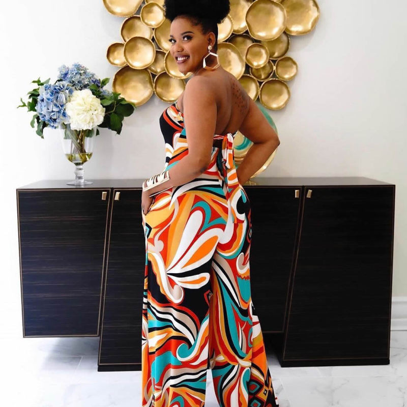 Leah Strapless Abstract Print Wide Leg Jumpsuit women jumpsuits Castello Clothing Line
