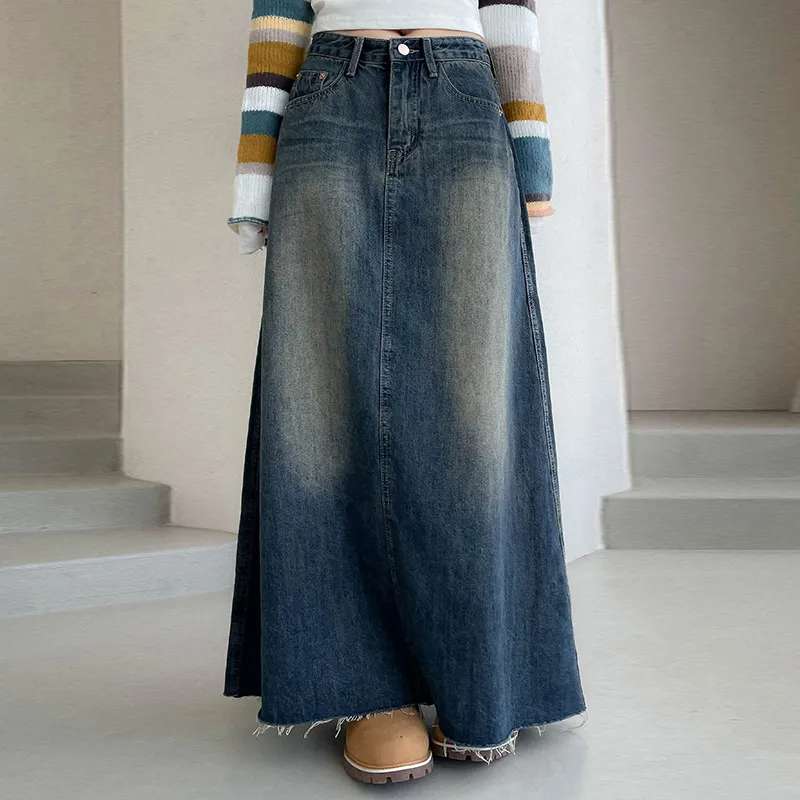 Vintage Vibe Frayed Hem Maxi Denim Skirt  Castello Clothing Line   