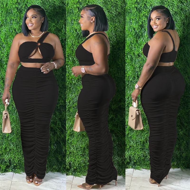 Plus Size One-Shoulder Crop Top & Ruched Skirt Set  Castello Clothing Line   