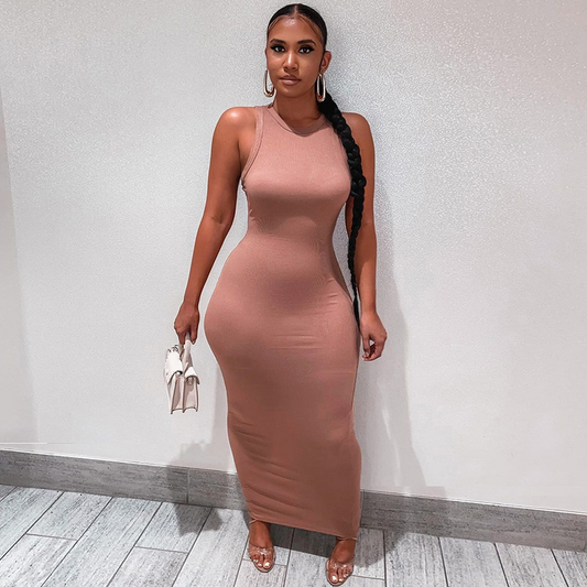 Long Sleeveless Bodycon Dress in Solid Color - Slim Fit - Polyester/Spandex  Castello Clothing Line   