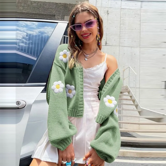 Delight Embroidered Daisy Knit Cropped Cardigan Castello Clothing Line