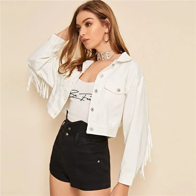 Jive Fringed Cropped Button-Up Denim Jacket Castello Clothing Line