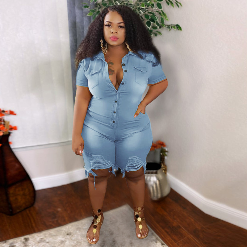 Urban Edge Distressed Button-Up Denim Romper  Castello Clothing Line   