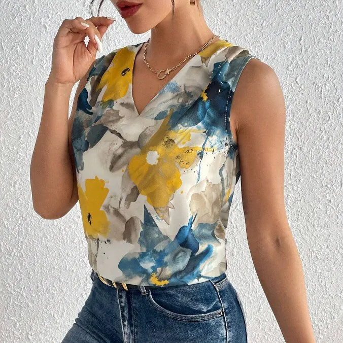 Petal Pop Sleeveless V-Neck Floral Print Blouse Castello Clothing Line