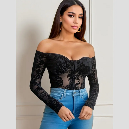 Velvet Whisper Off-Shoulder Sheer Bodysuit  Castello Clothing Line   