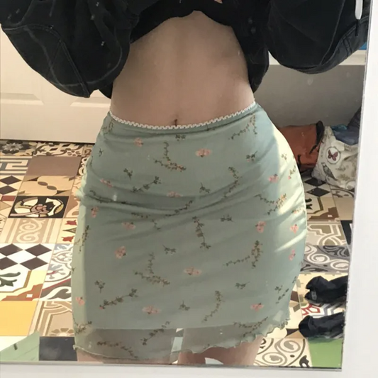 Chiffon Floral Mini Skirt with Lace Trim Waist and Slim Fit - Polyester Material  Castello Clothing Line   
