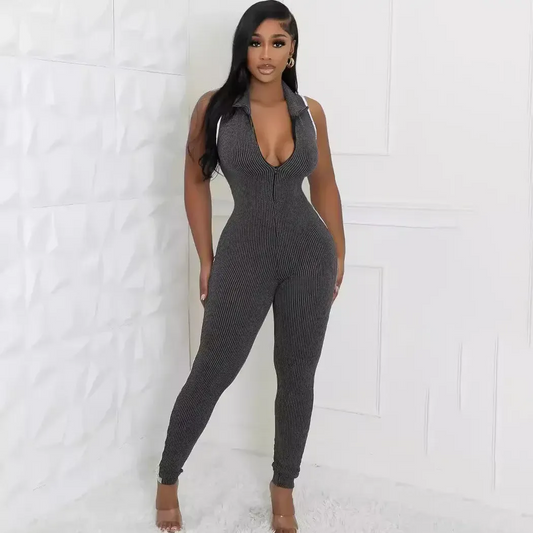Kiki Sleeveless Ribbed Bodycon Zip-Up Jumpsuit women jumpsuits Castello Clothing Line