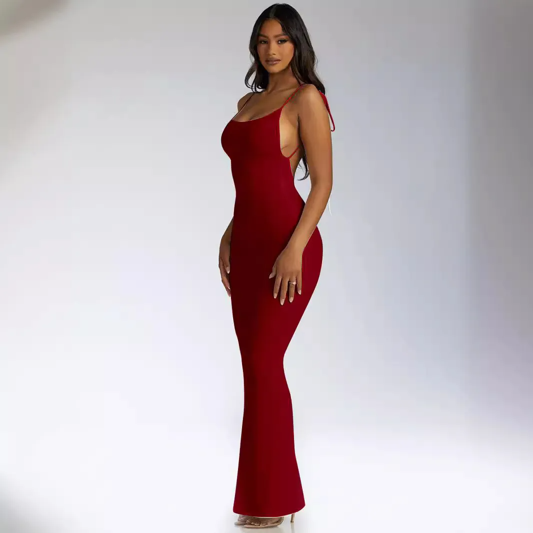 Elena Tie Strap Open Back Ribbed Bodycon Maxi Dress maxi dress Castello Clothing Line