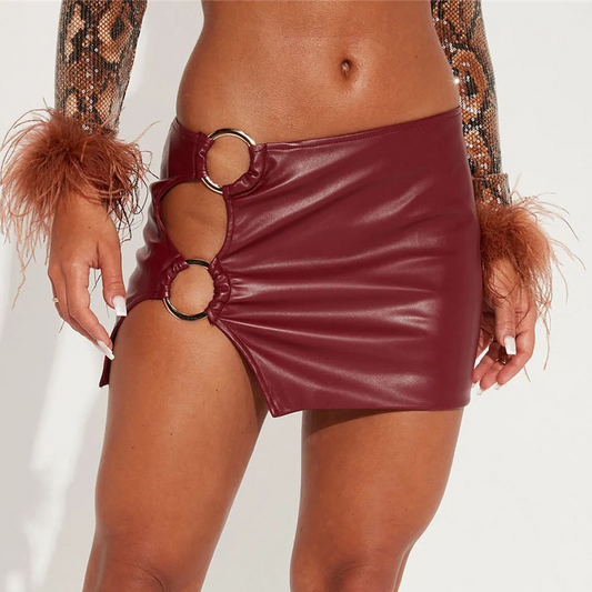 Cut Out Faux Leather Mini Skirt with Metal Ring Detailing  Castello Clothing Line   
