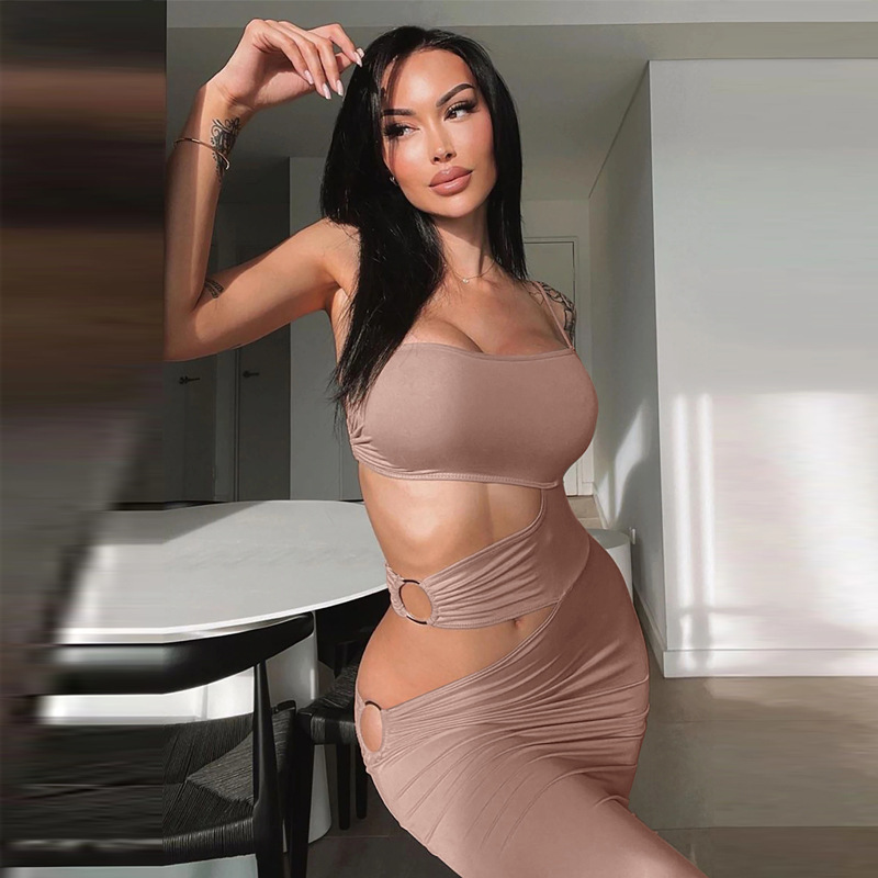 Edgy One Shoulder Cut Out Bodycon Dress with Metal Ring Detail and Side Slit  Castello Clothing Line   