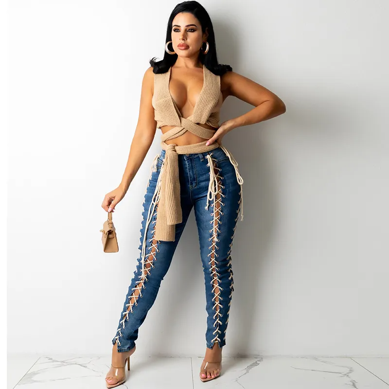Mid Rise Lace Up Jeans  Castello Clothing Line   