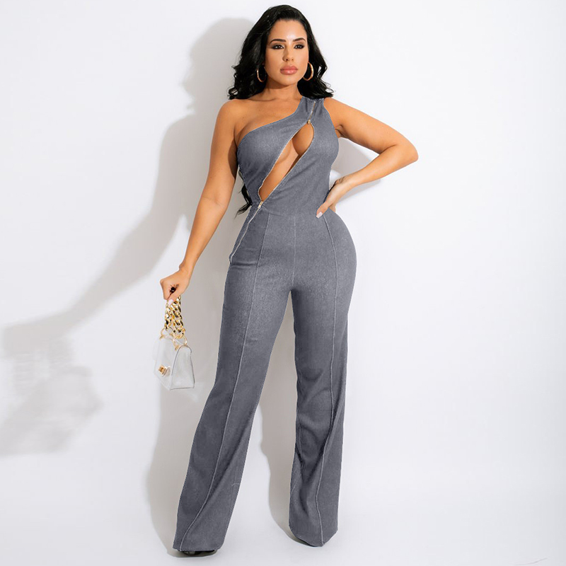 Madeline One-Shoulder Cutout Denim Jumpsuit women jumpsuits Castello Clothing Line
