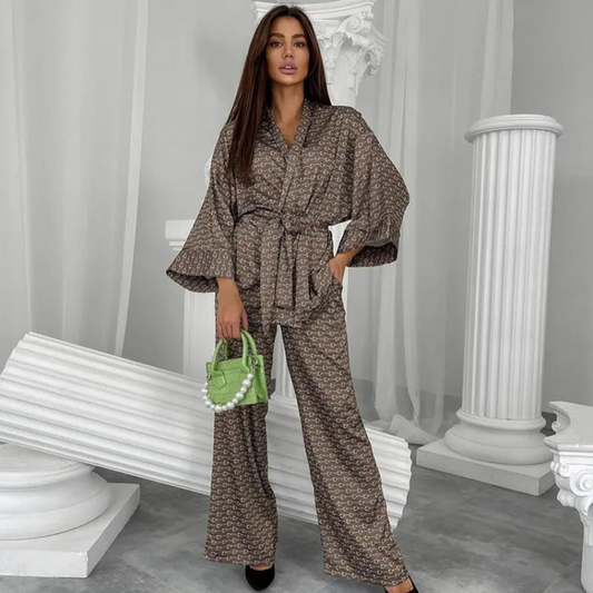 Zen Charm Belted Kimono Top & Wide Leg Loungewear Set  Castello Clothing Line   