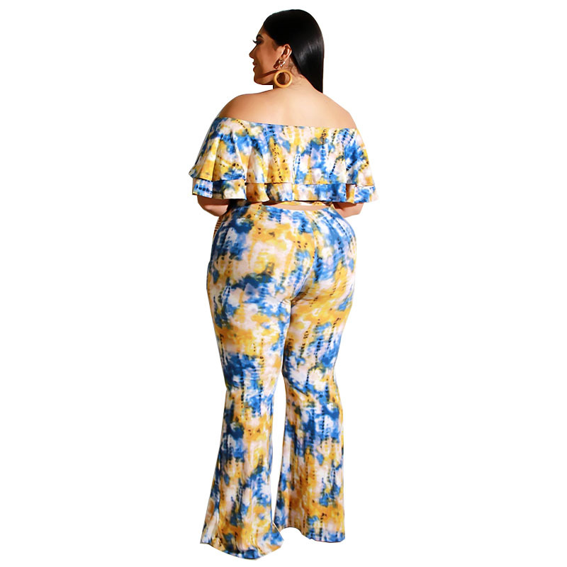 Plus Size Tie Dye Off Shoulder Top & Pants Set - Stylish and Comfortable Off The Shoulder Ruffle Crop Top with Flare Long Pants  Castello Clothing Line   